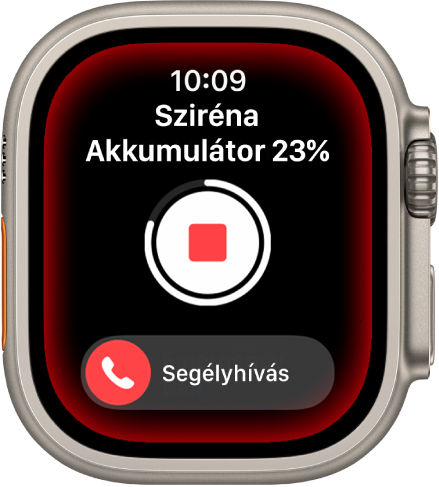 Visszafelé számoló sziréna. Felül az akkumulátor töltöttsége, középen egy Lejátszás gomb, míg alul a Segélyhívás csúszka látható.