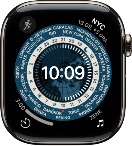 A Világidő óraszámlapon egy analóg óra látható. Középen a földgömb térképe látható, a nappalt és az éjszakát mutatva. A számlap körül számok és városnevek láthatók, ezzel jelölve a különböző helyek idejét. Minden egyes sarokban egy komplikáció látható: A bal felső részen a Zene, a jobb felső részen a Fordító, a bal alsó részen az Időzítő, a jobb alsó részen pedig a dátum látható.