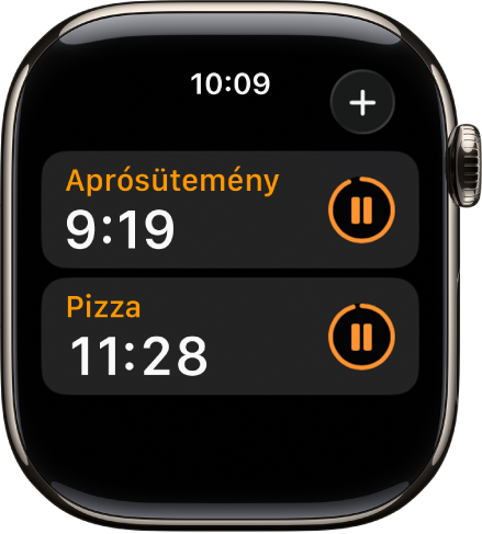 Két időzítő az Időzítők appban. Mindkét időzítőn a hátralévő idő látható az időzítő neve alatt, és a szünet gomb a jobb oldalon. A Hozzáadás gomb a jobb felső részen látható.