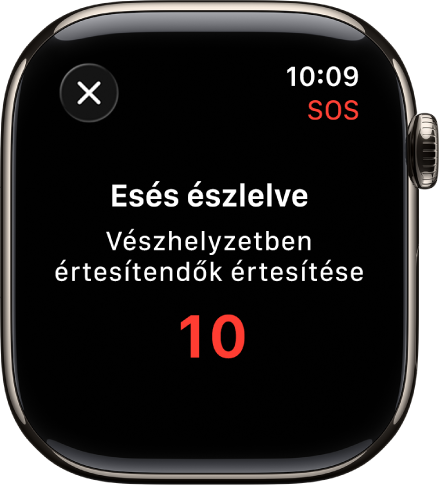 Egy képernyőn az „Esés észlelve” szöveg, valamint egy visszaszámlálás látható a vészhelyzetben értesítendő kontaktjai értesítéséig.