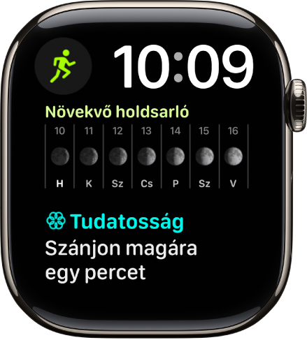 A Moduláris duó óraszámlap egy digitális órával a jobb felső részen, és három komplikációval: balra fent az Edzés látható, középen a Holdfázis, alul pedig a Tudatosság.