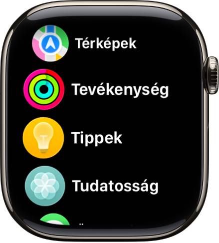 A Főképernyő listanézetben az ábécérendben megjelenített appokkal.
