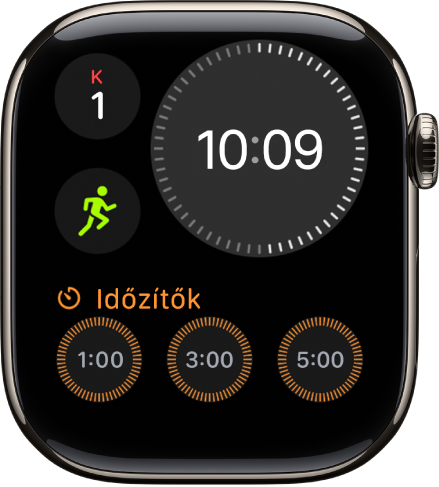 A Kompakt moduláris óraszámlap, amelyen jobbra fent egy digitális óra, balra fent a nap és a dátum, valamint további két komplikáció látható: balra középen az Edzés, alul pedig a Lelkiállapot.
