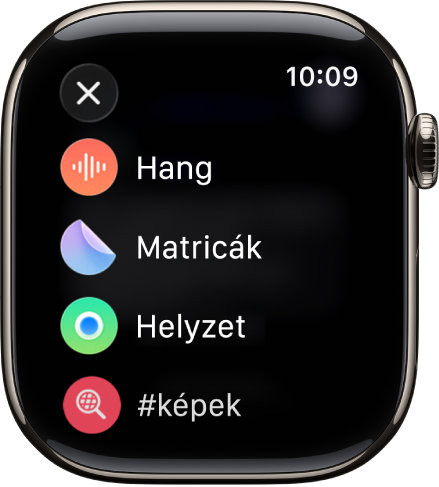 Az Üzenetek app képernyője, amelyen mellékletként hozzáadható lehetőségek láthatók (pl. hang, matricák, helyzet és képek).
