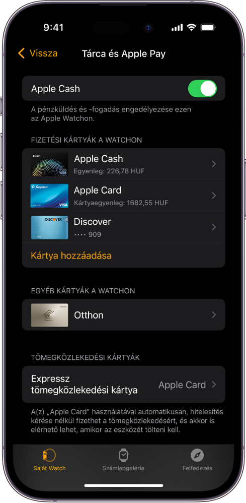 A Tárca és Apple Pay beállításai az Apple Watch appban egy iPhone-on.