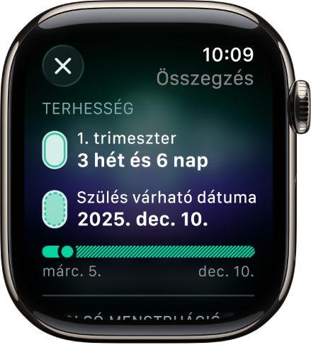 A Cikluskövetés app képernyője, amelyen egy terhesség összefoglalása látható, középen a magzati életkorral és a szülés várható dátumával.