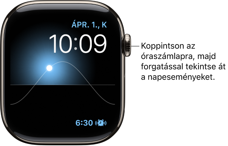 A Napdiagram óraszámlap megjeleníti a hét adott napját, a dátumot és az aktuális időt (ez utóbbi nem módosítható). A jobb alsó részen egy Időzítő komplikáció jelenik meg. Az óraszámlapra koppintva és a Digital Crown elforgatásával szürkületre, hajnalra, zenitre, naplementére és sötétre állíthatja a napot az égen.