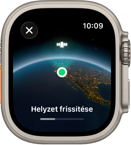 Egy képernyőn a „Helyzet frissítése” felirat látható egy folyamatjelző sávval, a Föld világűrből látható látképével és egy zöld helyzetjelző ponttal.