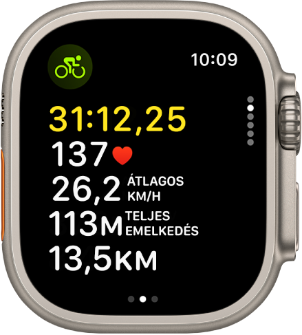 Egy folyamatban lévő bicikliedzés az edzés közben eltelt idővel, a pulzusszámmal, az átlagsebességgel, a teljes emelkedéssel és a teljes távolsággal.