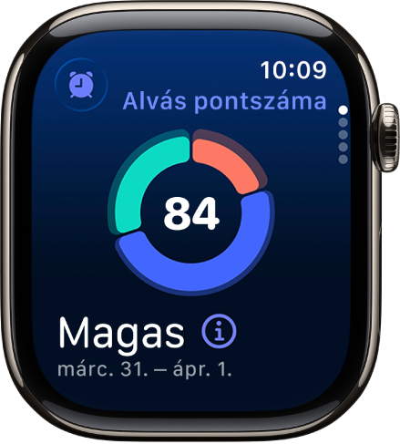 Az alvási pontszám képernyője egy pontszámmal a képernyő közepén. A besorolás és az alvással töltött idő a képernyő bal alsó sarkában jelenik meg.
