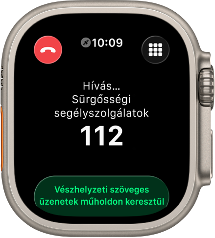 Egy képernyőn a „Nincs kapcsolat” üzenet látható, miután megpróbáltak kapcsolatba lépni a sürgősségi segélyszolgálatokkal. Alul a Vészhelyzeti szöveg gomb látható.