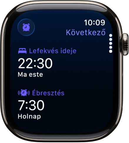 Az Alvás app az Apple Watchon egy esti alvási ütemezéssel. A Lefekvés felül, míg az Ébresztés ideje alatta látható.