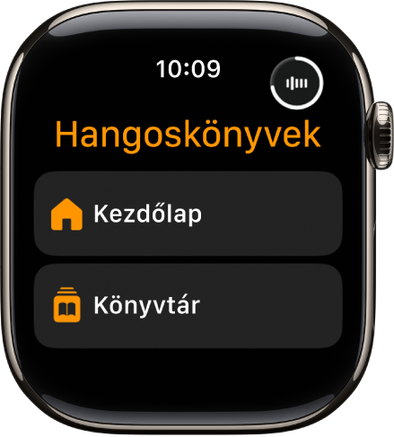 A Hangoskönyvek app a Kezdőlap és a Könyvtár gombokkal.