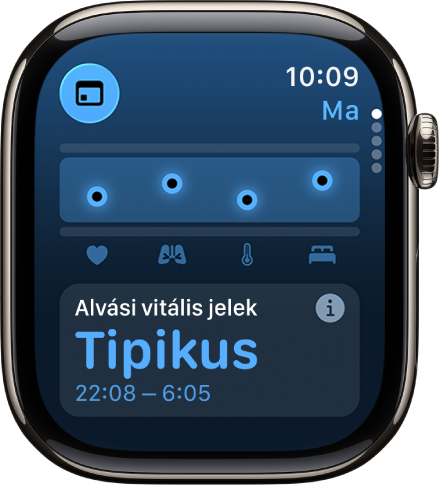 A Vitális jelek app képernyője, amelyen alvás közben rögzített egészségügyi mérőszámok láthatók.