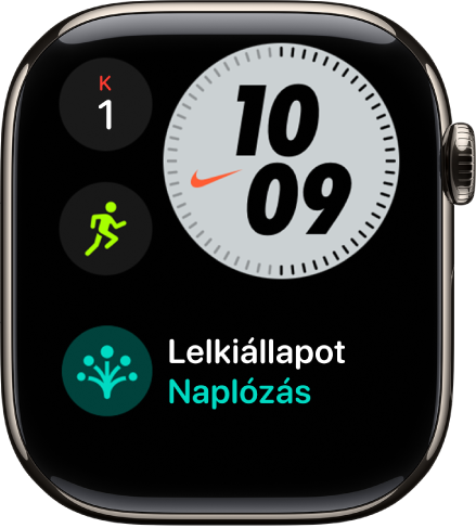 A Kompakt Nike óraszámlap a bal felső sarokban a nappal és a dátummal, a jobb felső sarokban az idővel, a bal középső részen az Edzés komplikációval, valamint az Időzítők komplikációval.