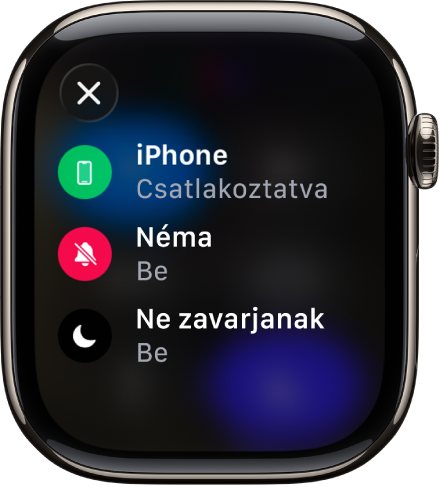 Az állapottal kapcsolatos részletek, amelyek azt jelzik, hogy az iPhone csatlakoztatva van, a helyzetet az Üzenetek használja, és a Néma mód, illetve a Ne zavarjanak funkció be van kapcsolva.