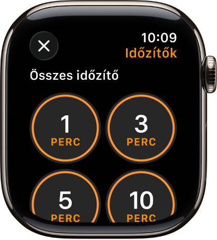 Az Időzítő app képernyője egy új időzítő hozzáadására szolgáló Hozzáadás gombbal, valamint 1, 3, 5 és 10 perces gyorsan beállítható időzítőkkel.