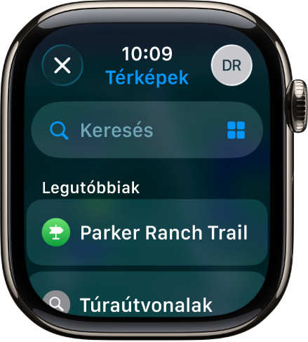 A Keresés képernyő a Térképek appban, felül a keresőmezővel. A legutóbbi keresések listája lent jelenik meg.