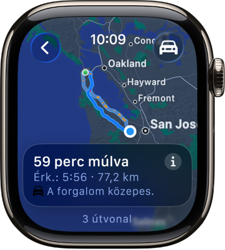 A Térképek app egy autós útvonalterv áttekintésével. Az utazás első útszakasza alul látható.