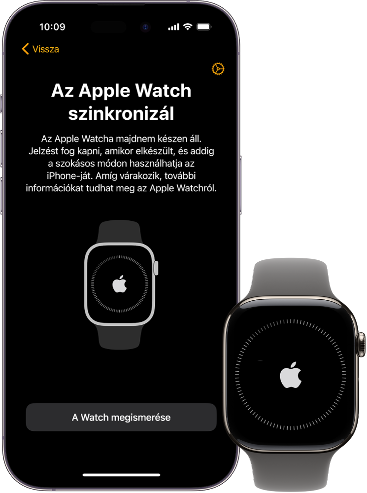 Egy iPhone és egy Apple Watch a szinkronizáló képernyővel.