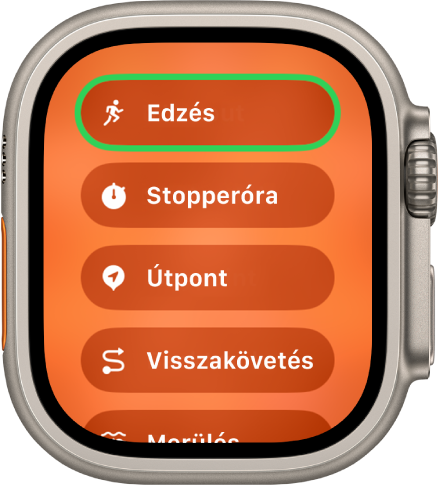 A Gyors váltás képernyő a Művelet gombhoz rendelhető műveletekkel (pl. Edzés, Stopperóra és Útpont).