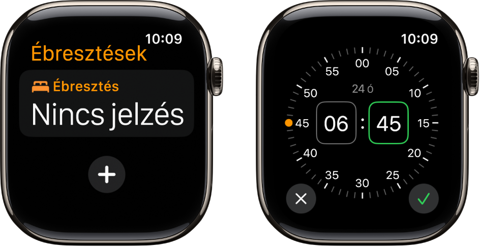 Két óraszámlap, amelyeken nyomon követheti a jelzések beállításának menetét: Koppintson az Új ébresztés lehetőségre, koppintson a DE vagy a DU lehetőségre, forgassa el a Digital Crownt az idő beállításához, és koppintson az ellenőrzés gombra.