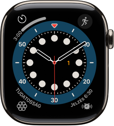 A Számlálás felfelé óraszámlap. Négy komplikáció látható rajta: A bal felső részen az Edzés jelenik meg, a jobb felső részen az Üzenetek, a bal alsó részen a Tudatosság, a jobb alsó részen pedig a Zene.