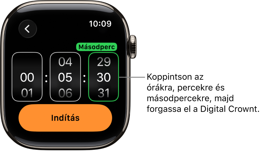 Az egyéni időzítő létrehozásának beállításai; az óra a bal oldalon, a perc középen, a másodperc pedig a jobb oldalon látható. Alattuk az Indítás gomb jelenik meg.