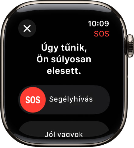 Az Esésészlelés képernyője a segélyhívás kezdeményezéséhez használatos SOS csúszkával.