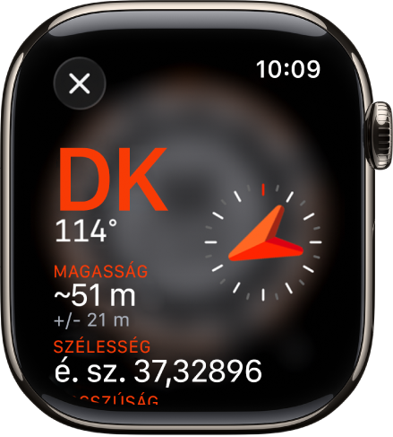 Az Iránytű app az Infó képernyővel. Bal középen az irány látható az iránytű (délkeleti) irányával és a fokkal (114 fok). Alatta az aktuális lejtés és emelkedés látható. A jobb oldalon egy iránytűjelző található. A Bezárás gomb a bal felső részen jelenik meg.