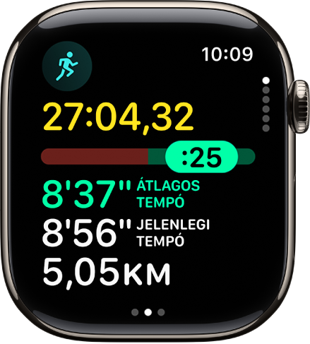 Az Apple Watch Edzés appjában a Tempómérő nézet látható egy Kültéri futóedzésben. Felül a futás időtartama látható. Alatta egy csúszka azt jelöli, hogy mennyivel marad el a tempójától. Az átlagtempó, az aktuális tempó és a távolság alább jelenik meg.