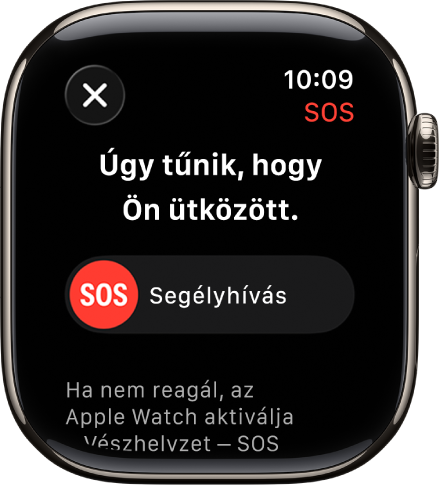 Az Ütközésészlelés képernyője a segélyhívás kezdeményezéséhez használatos SOS csúszkával.