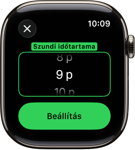 A Watch képernyője a Szundi időtartamának beállítására szolgáló opciókkal a Jelzések appban.