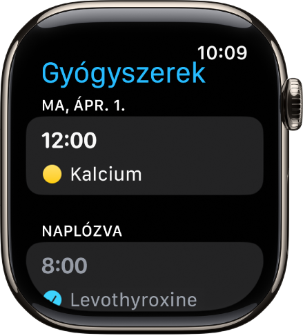 A Gyógyszerek app az ütemezett és naplózott gyógyszerekkel.