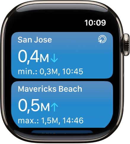Az Árapály app képernyője, amelyen egy helyeket tartalmazó lista látható az árapály-információkkal.