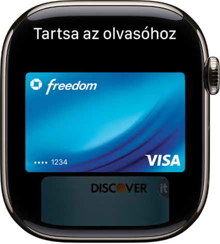 Az Apple Pay képernyője egy hitelkártyával, amely készen áll ahhoz, hogy hozzáérintsék egy kártyaolvasóhoz.