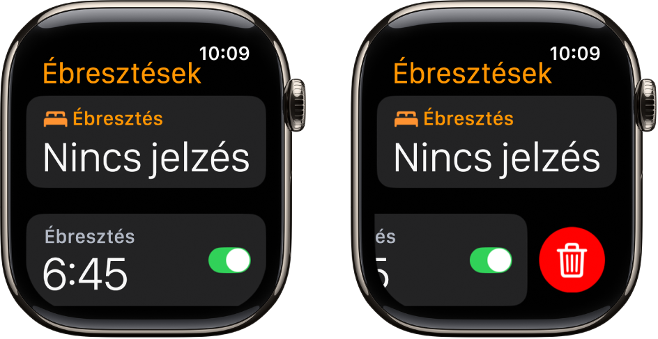 Két Watch képernyője, amelyeken nyomon követheti egy jelzés törlésének a menetét.