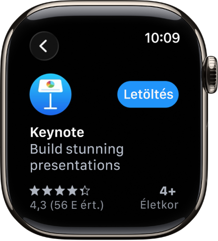 Az App Store képernyője, amelyen egy app termékoldala látható egy rövid leírással, az értékelésekkel, valamint a jobb oldalon egy Beszerzés gombbal.