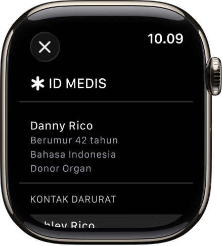 Layar ID Medis yang menampilkan nama, umur, bahasa, status donor organ, dan kontak darurat orang.