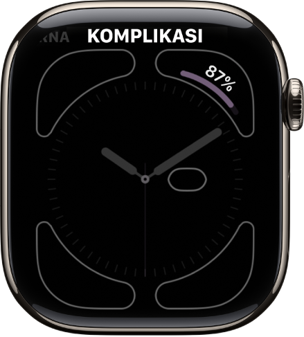Layar untuk menyesuaikan wajah jam. Komplikasi persentase baterai ada di pojok kanan atas.