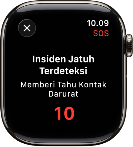 Layar yang menampilkan “Insiden Jatuh Terdeteksi” dan hitung mundur untuk memberi tahu kontak darurat.