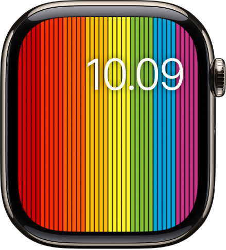 Wajah jam Pride Digital menampilkan garis pelangi vertikal dengan tanggal dan waktu di kanan atas.