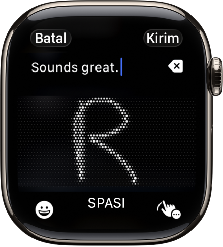 Layar bidang teks yang menampilkan surat yang ditulis dengan Coretan. Tombol Emoji dan Coretan ada di bagian bawah layar.