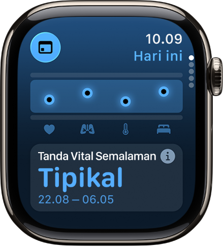 Layar di app Tanda Vital yang menampilkan metrik kesehatan semalaman.