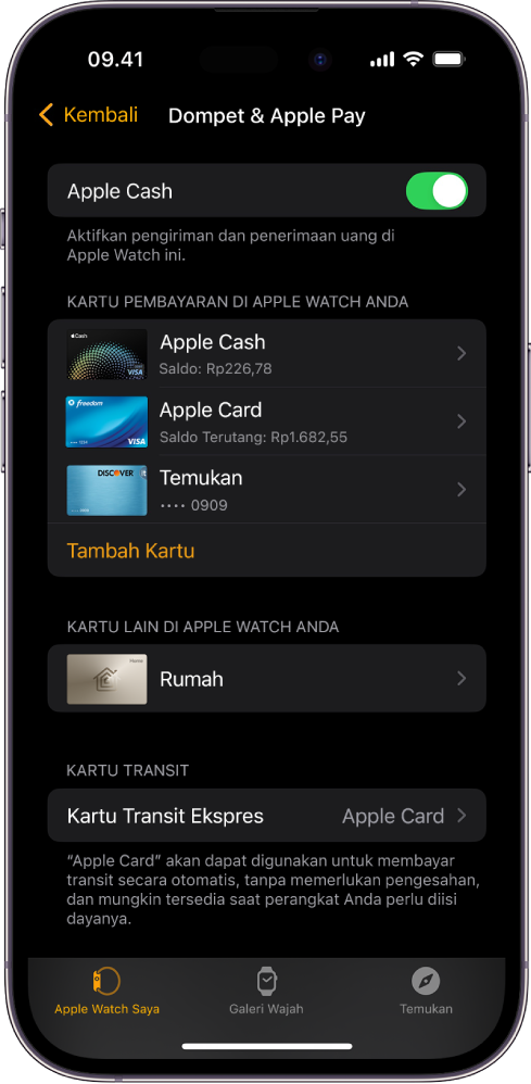 Layar iPhone yang menampilkan pengaturan Dompet & Apple Pay di app Apple Watch.