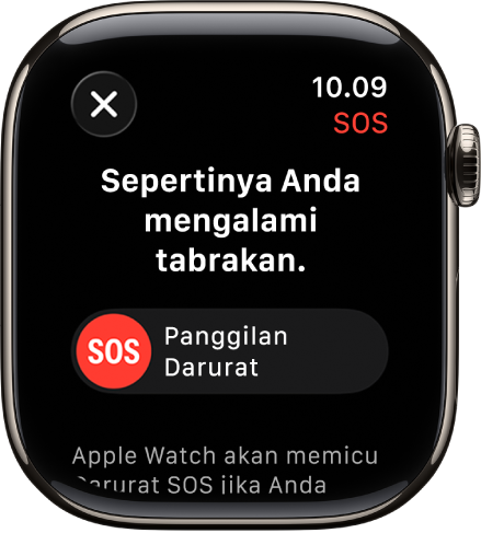 Layar Deteksi Tabrakan yang menampilkan penggeser SOS untuk memulai panggilan darurat.