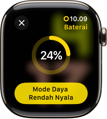 Layar Mode Daya Rendah dengan lingkaran kuning parsial yang menandakan sisa daya. Tombol Mode Daya Rendah Nyala berada di bagian bawah.