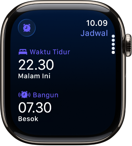 App Tidur di Apple Watch menampilkan jadwal tidur malam. Waktu Tidur muncul di bagian atas dan waktu Bangun di bawahnya.