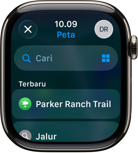 Layar Cari di app Peta, dengan bidang pencarian di dekat bagian atas. Daftar pencarian Terbaru muncul di bagian bawah.