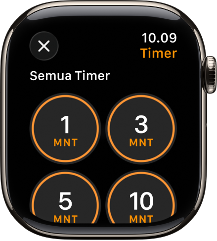 Layar app timer, menampilkan tombol tambah untuk membuat timer baru, dan timer cepat untuk 1, 3, 5, atau 10 menit.